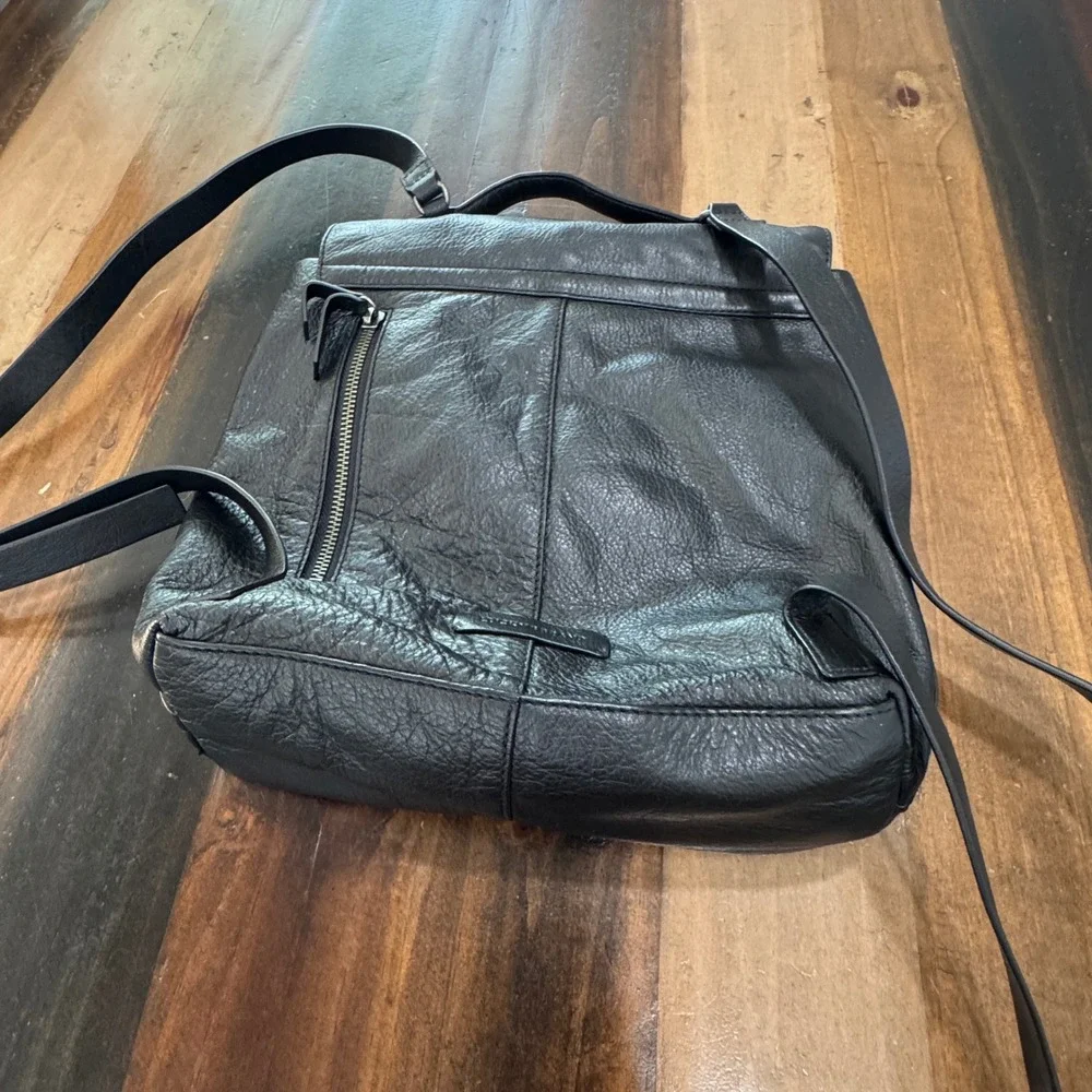 Lucky Brand Black Pebbled Leather Studded Flap Backpack Bag